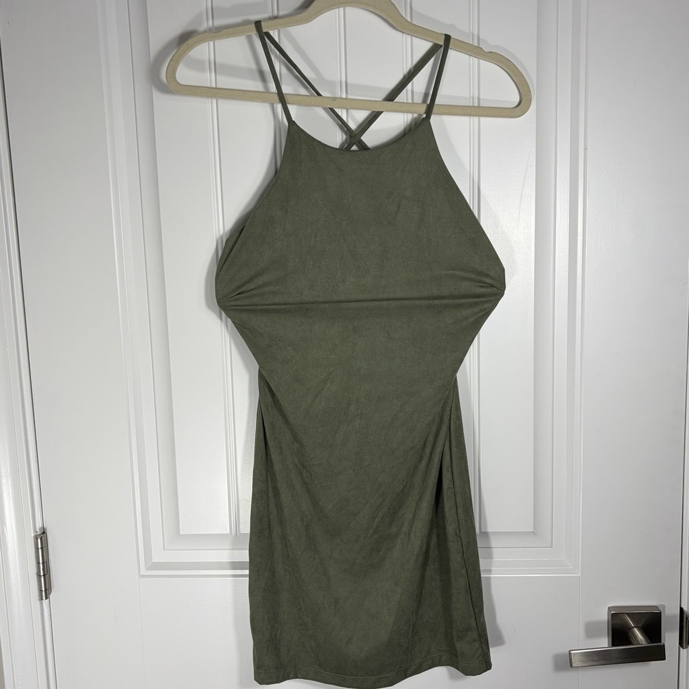 Sabora Olive Green Faux Suede Bodycon‎ Mini Dress Criss Cross Back Women's Large